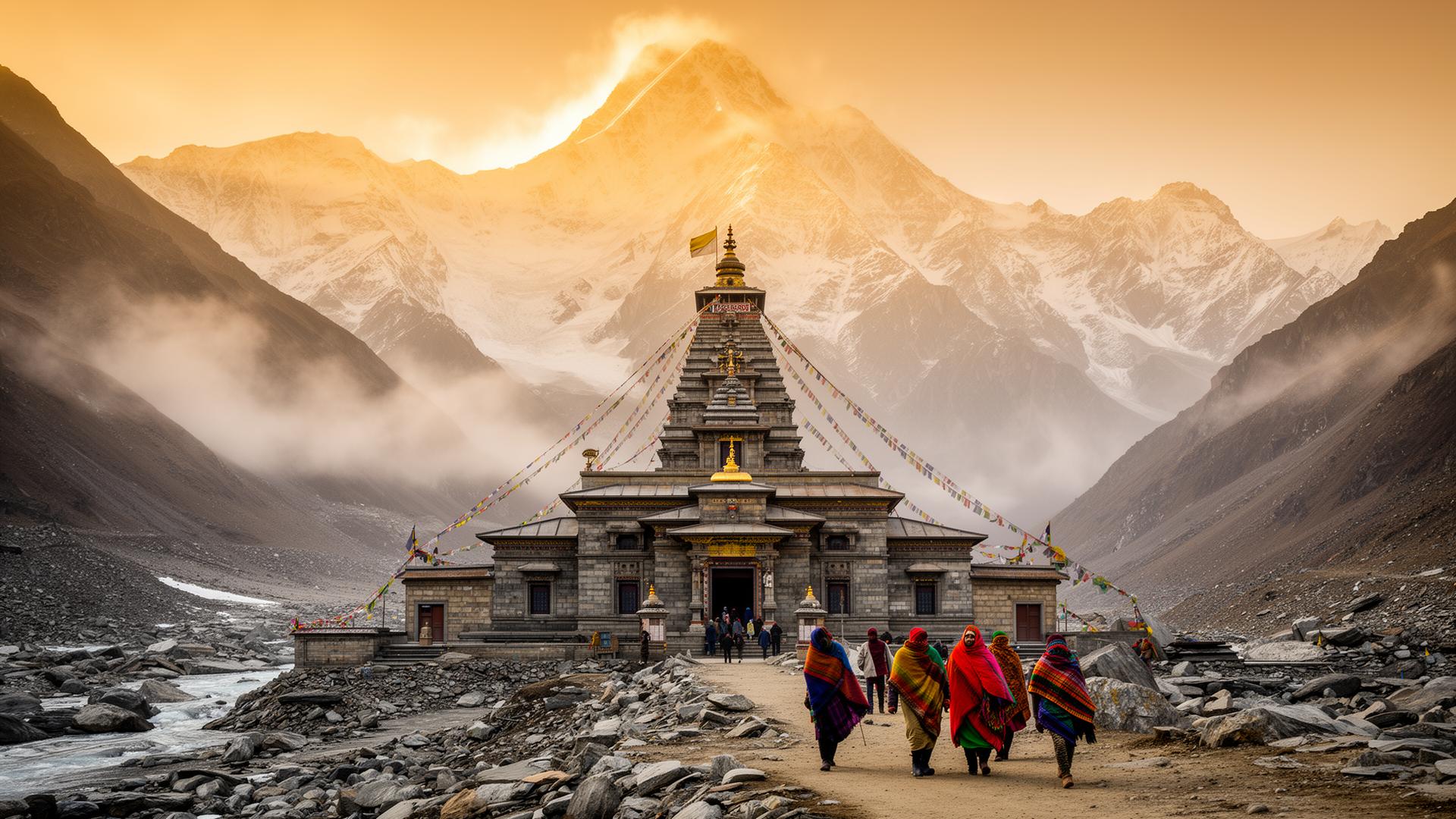 Kedarnath temple at sunrise with Himalayan peaks behind, Chardham Yatra